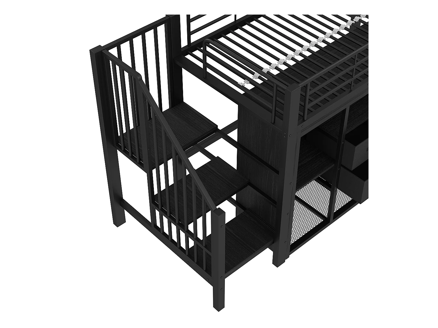 Lit mezzanine 90x200 cm - avec 2 tiroirs - armoire ouverte - avec éclairage LED - compartiments de rangement - noir (matelas non inclus)