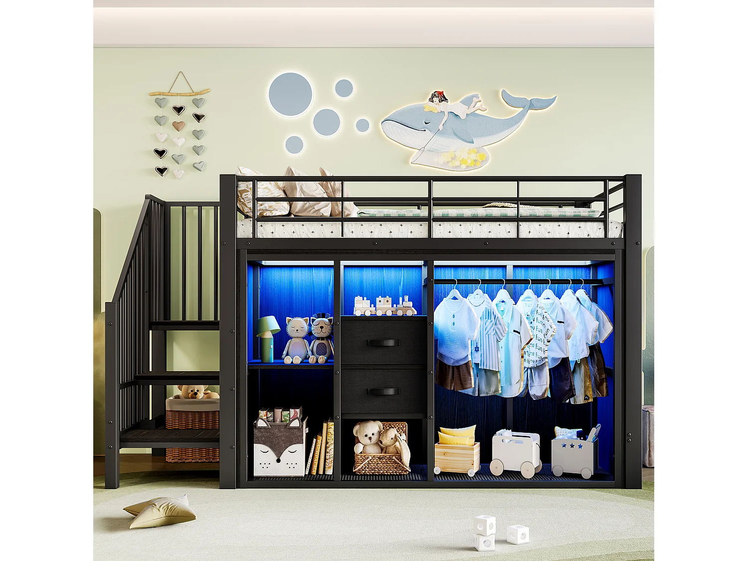 Lit mezzanine 90x200 cm - avec 2 tiroirs - armoire ouverte - avec éclairage LED - compartiments de rangement - noir (matelas non inclus)