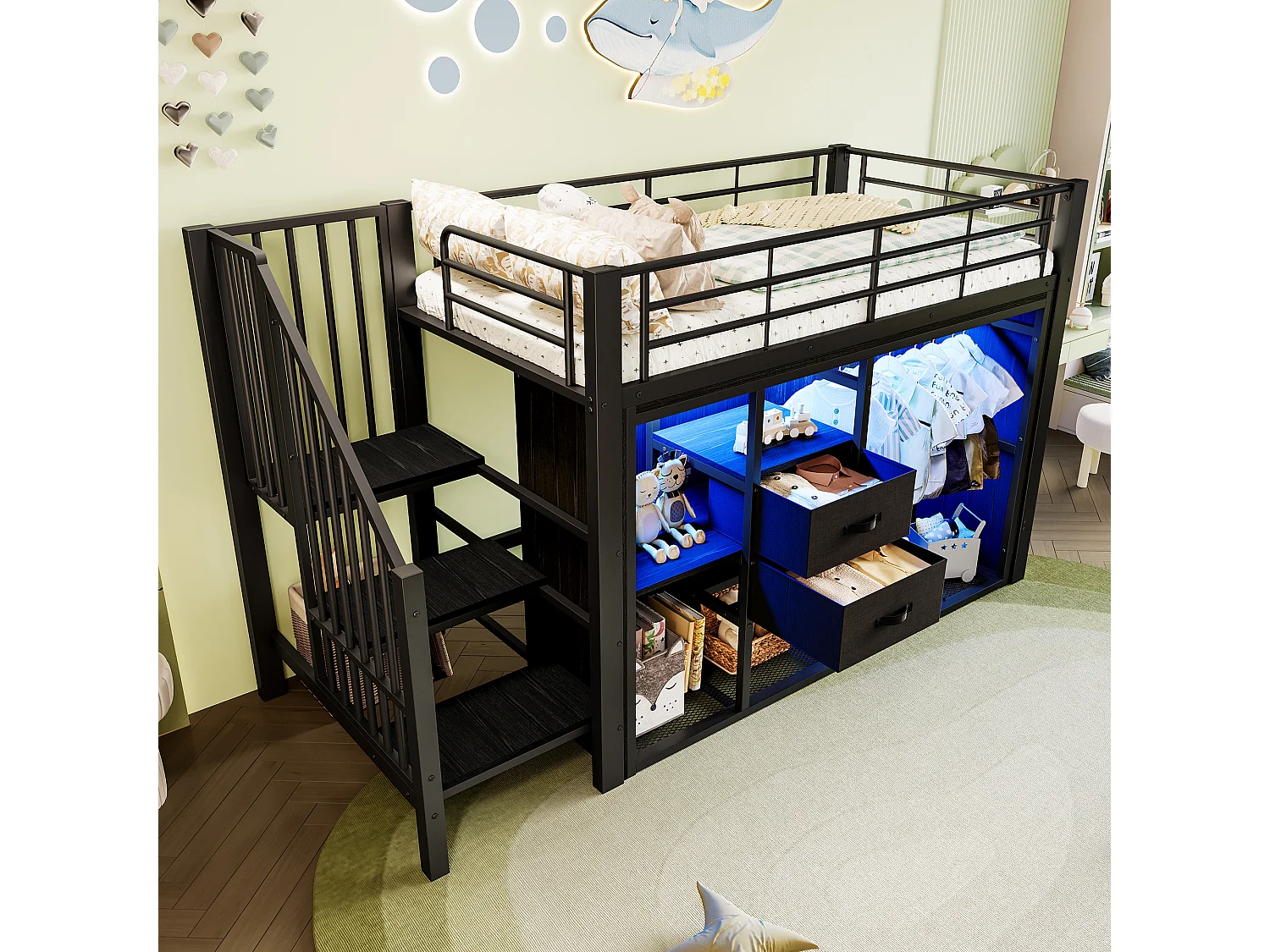 Lit mezzanine 90x200 cm - avec 2 tiroirs - armoire ouverte - avec éclairage LED - compartiments de rangement - noir (matelas non inclus)