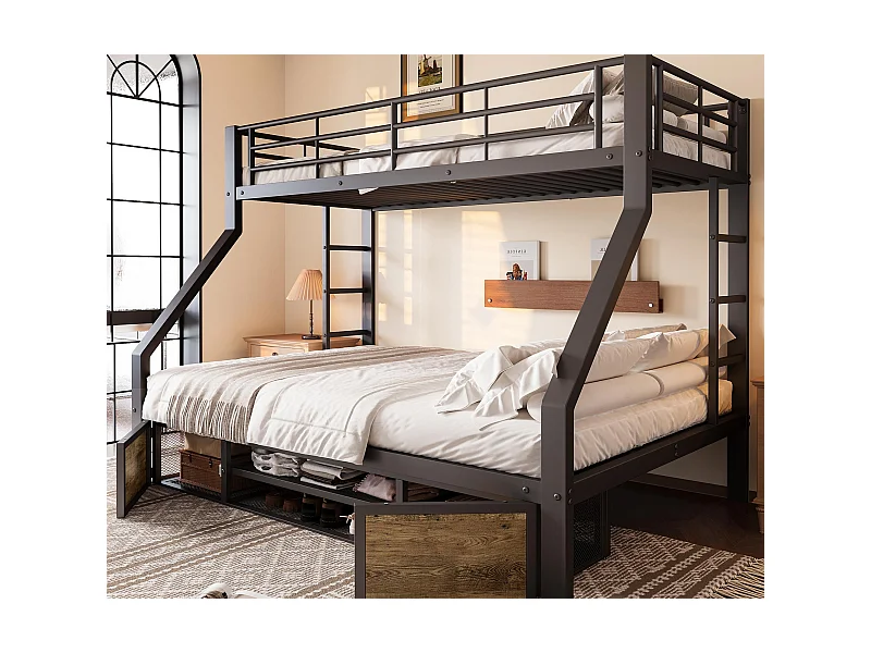 Etagenbett 90x200 cm + 140x200 cm - mit Schuhregal - Staufächer - Sicherheitsgittern und Leiter - schwarz