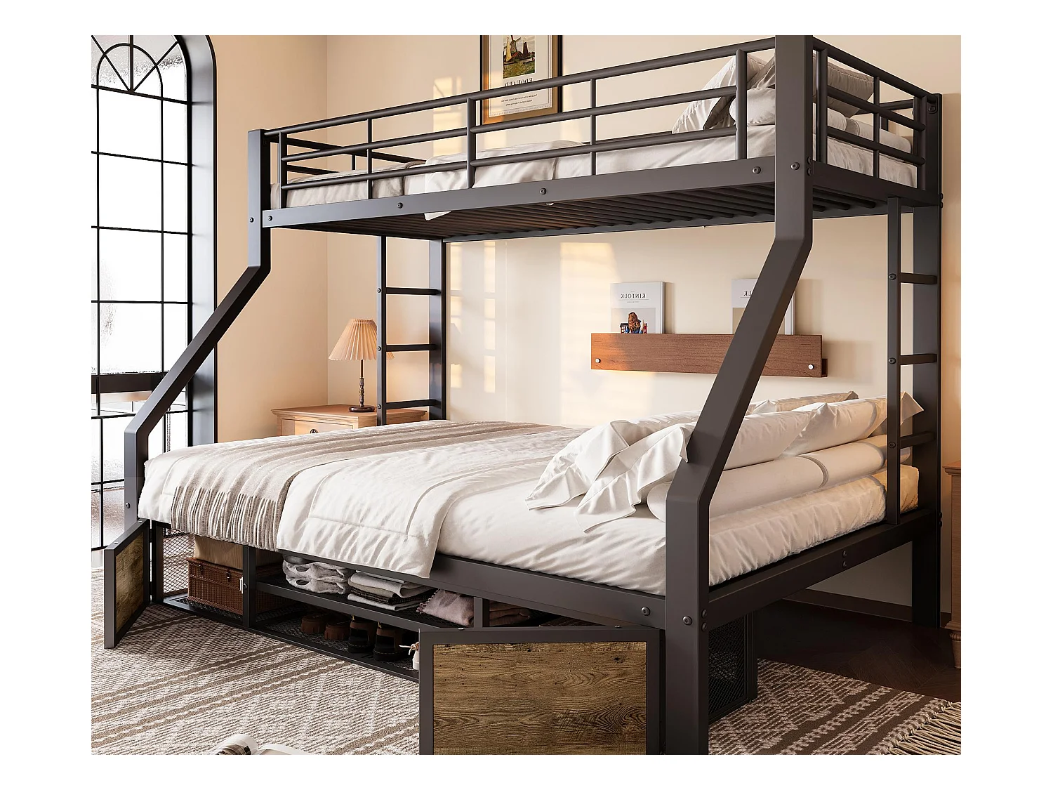 Lit superposé 90x200 cm + 140x200 cm - avec étagère à chaussures - compartiments de rangement - barrières de sécurité et échelle - noir