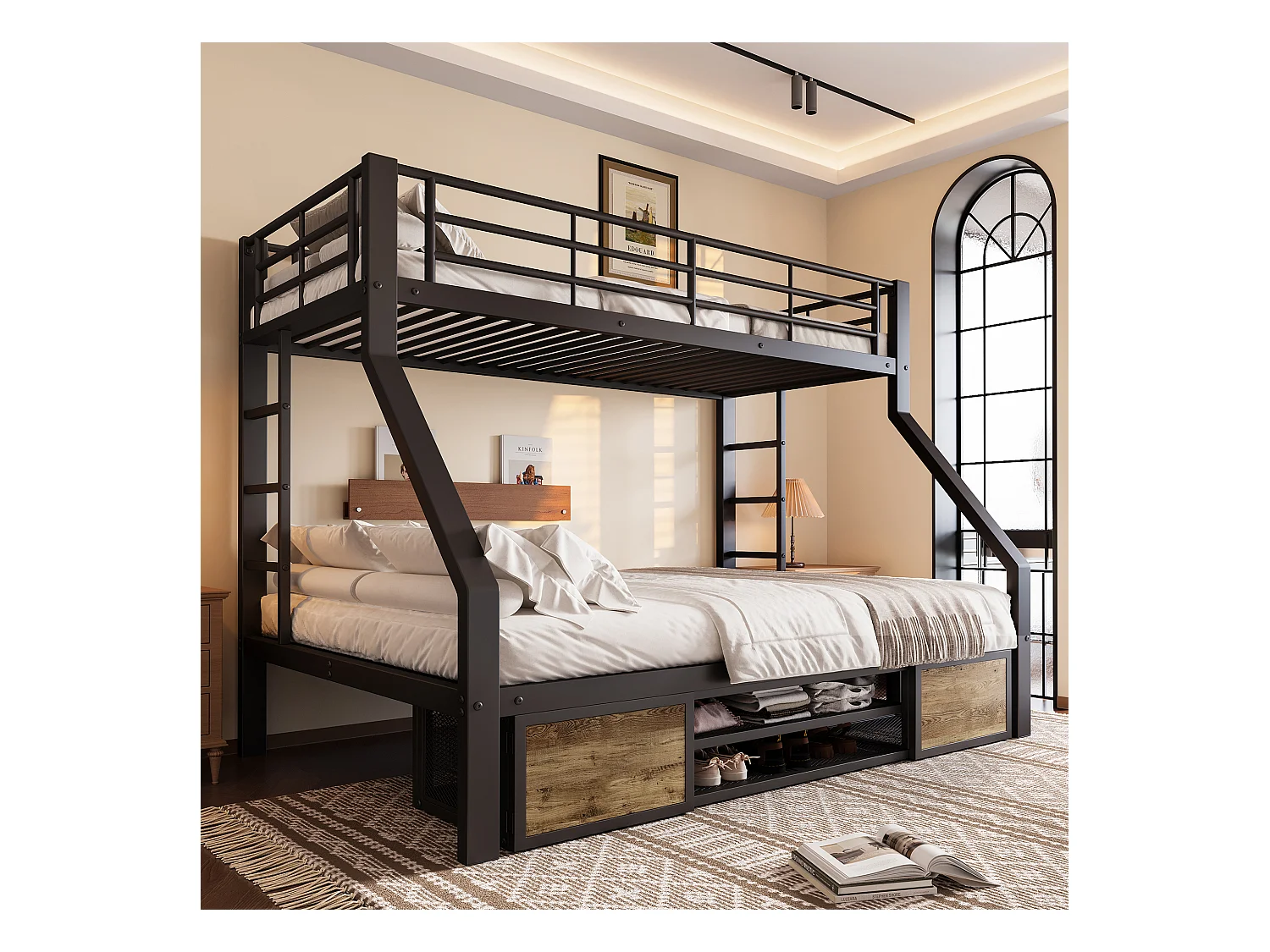 Lit superposé 90x200 cm + 140x200 cm - avec étagère à chaussures - compartiments de rangement - barrières de sécurité et échelle - noir