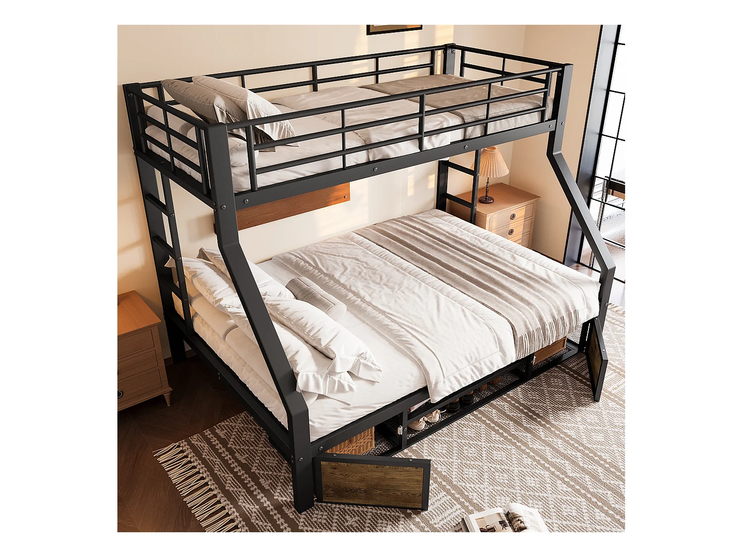 Lit superposé 90x200 cm + 140x200 cm - avec étagère à chaussures - compartiments de rangement - barrières de sécurité et échelle - noir