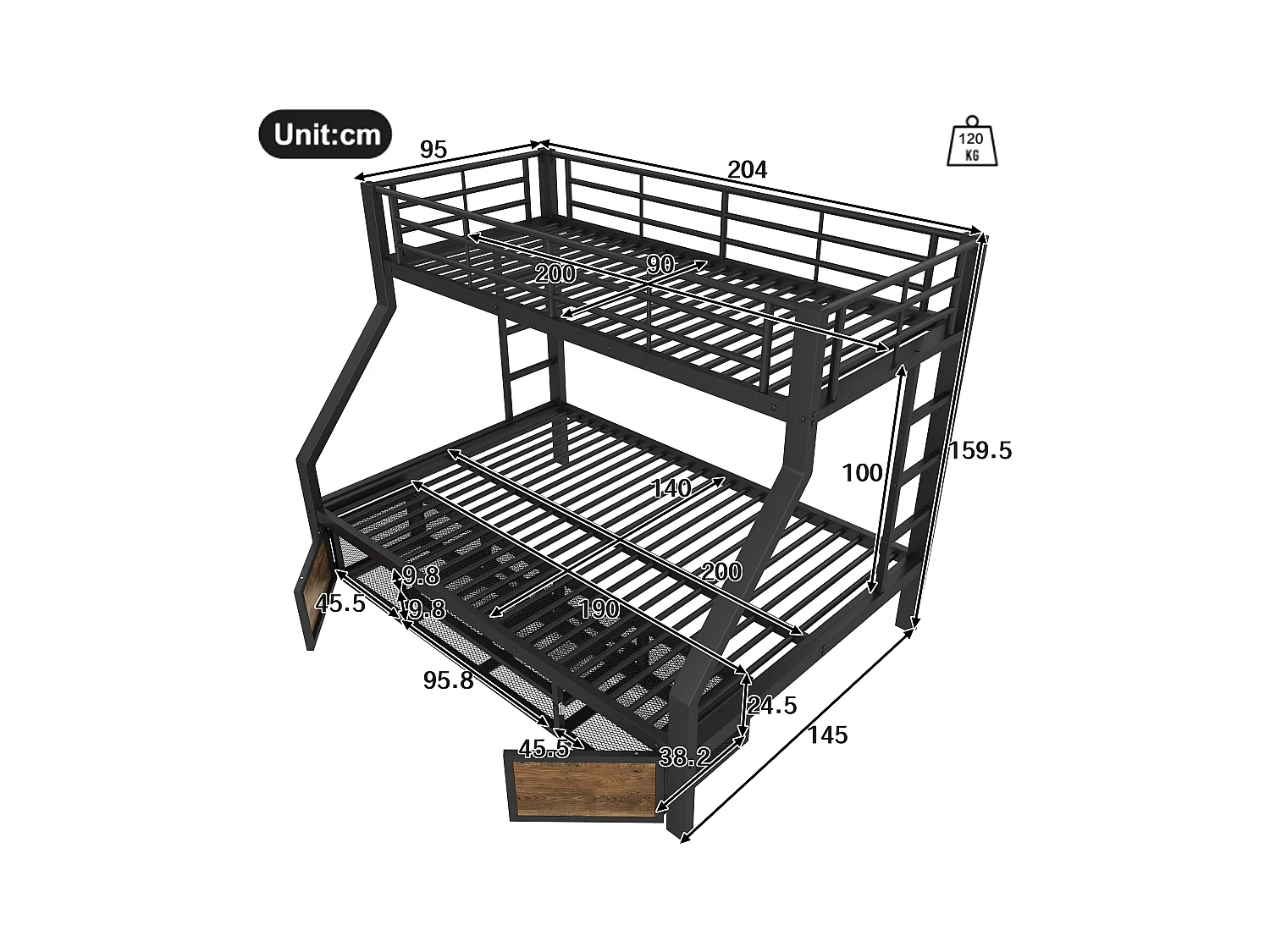 Lit superposé 90x200 cm + 140x200 cm - avec étagère à chaussures - compartiments de rangement - barrières de sécurité et échelle - noir