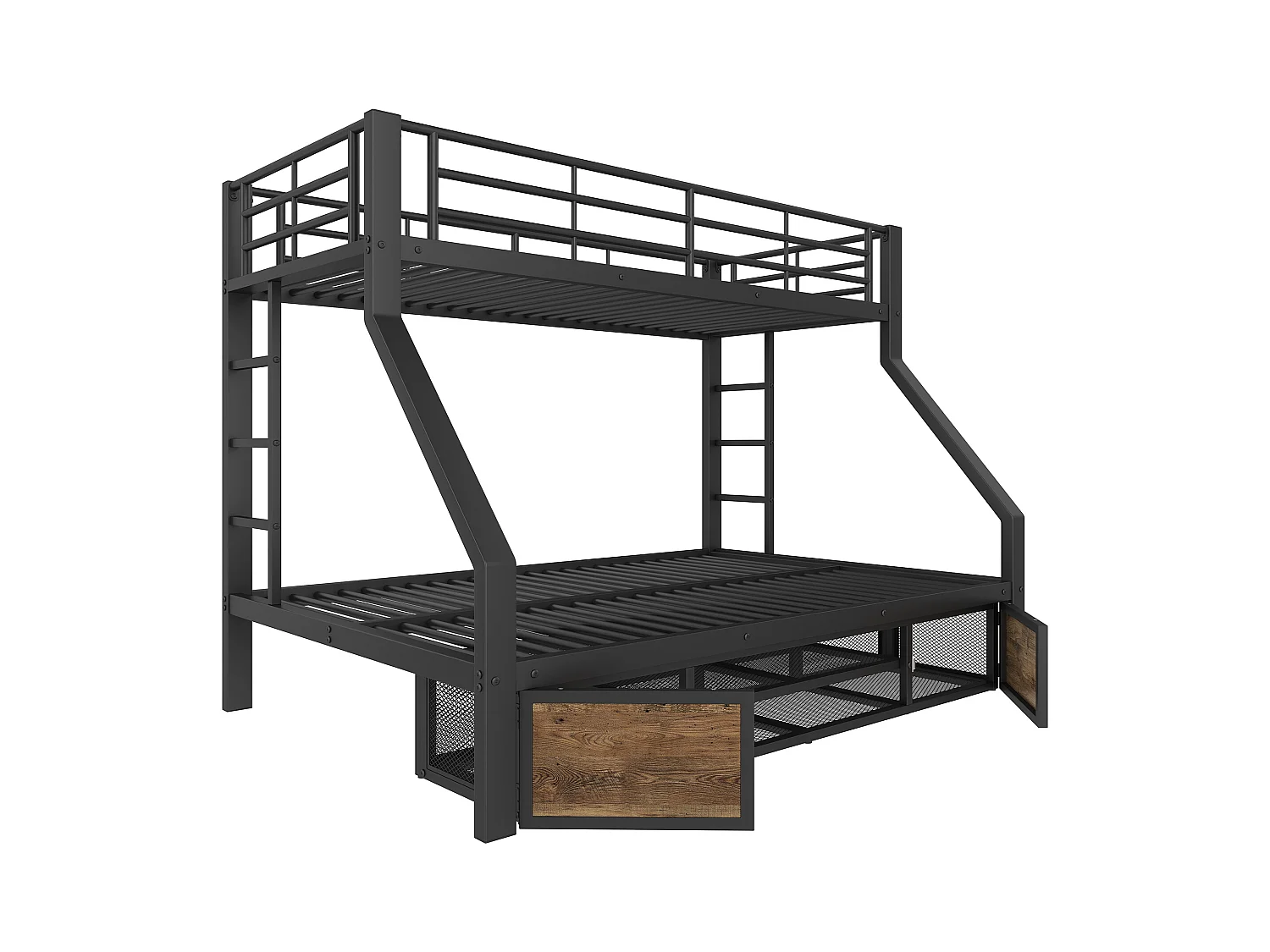 Lit superposé 90x200 cm + 140x200 cm - avec étagère à chaussures - compartiments de rangement - barrières de sécurité et échelle - noir