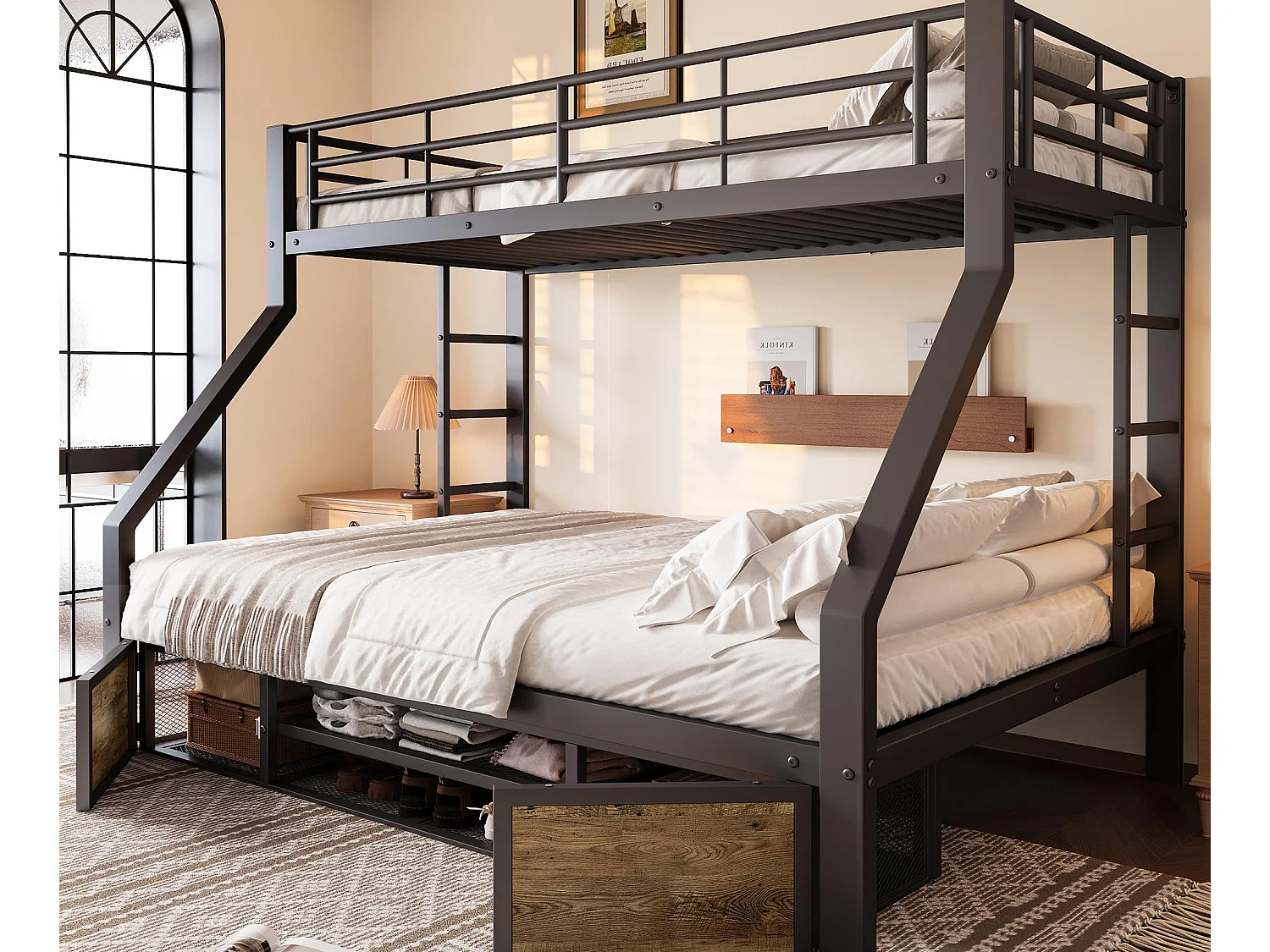 Lit superposé 90x200 cm + 140x200 cm - avec étagère à chaussures - compartiments de rangement - barrières de sécurité et échelle - noir