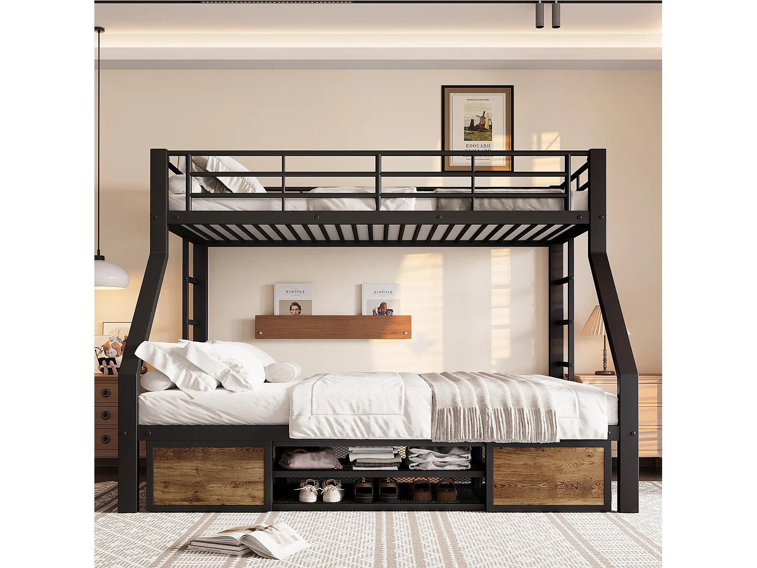 Lit superposé 90x200 cm + 140x200 cm - avec étagère à chaussures - compartiments de rangement - barrières de sécurité et échelle - noir