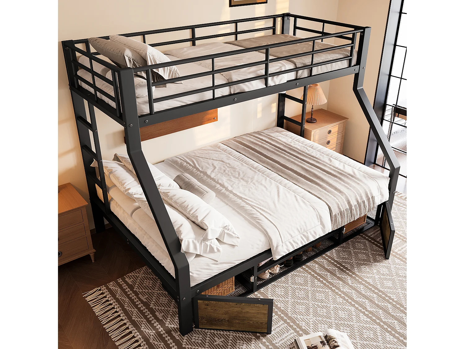 Lit superposé 90x200 cm + 140x200 cm - avec étagère à chaussures - compartiments de rangement - barrières de sécurité et échelle - noir