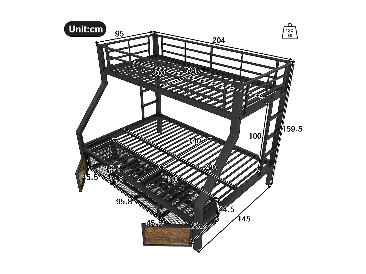 Lit superposé 90x200 cm + 140x200 cm - avec étagère à chaussures - compartiments de rangement - barrières de sécurité et échelle - noir