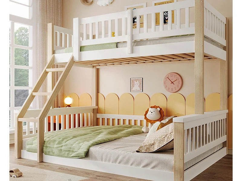 Lit superposé 90x200cm + 140x200cm - avec échelle - avec garde-corps - blanc + naturel (matelas non inclus)