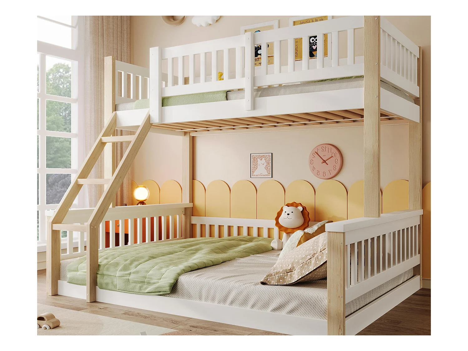 Lit superposé 90x200cm + 140x200cm - avec échelle - avec garde-corps - blanc + naturel (matelas non inclus)