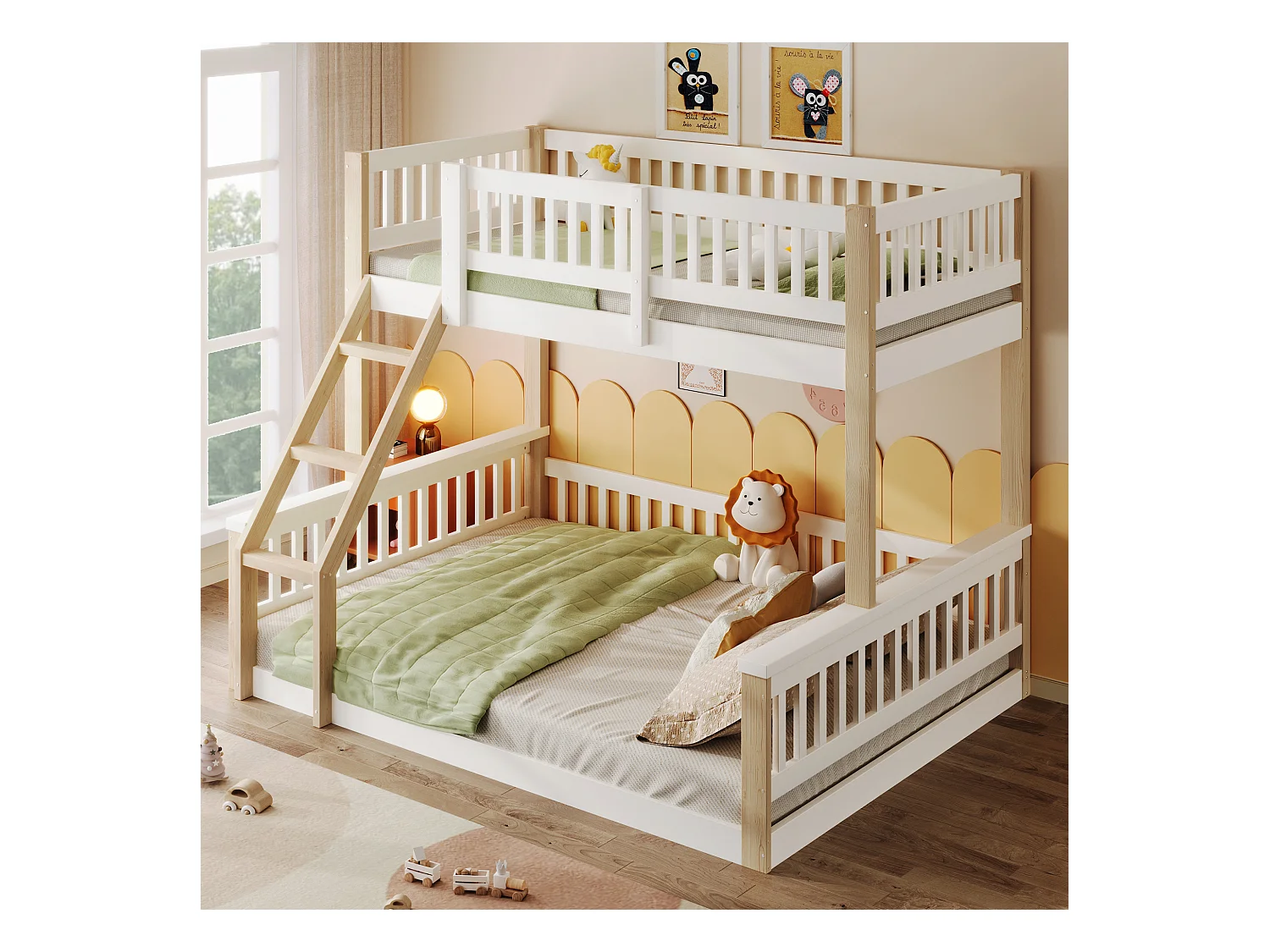 Lit superposé 90x200cm + 140x200cm - avec échelle - avec garde-corps - blanc + naturel (matelas non inclus)