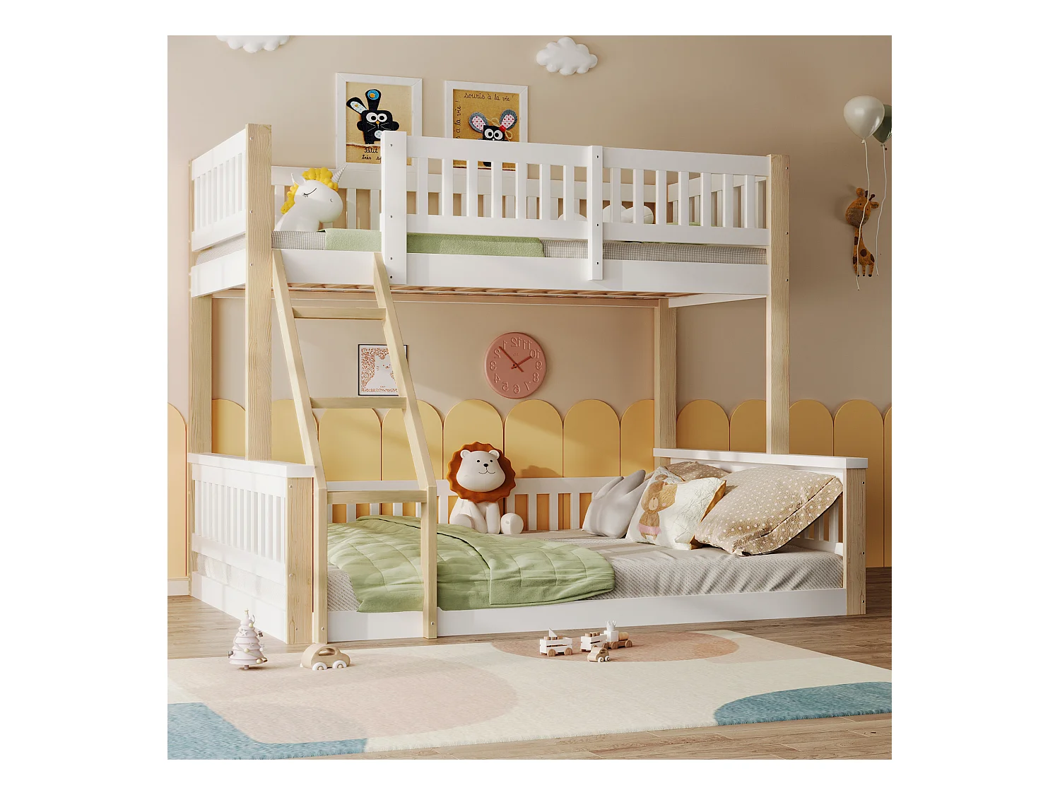 Lit superposé 90x200cm + 140x200cm - avec échelle - avec garde-corps - blanc + naturel (matelas non inclus)