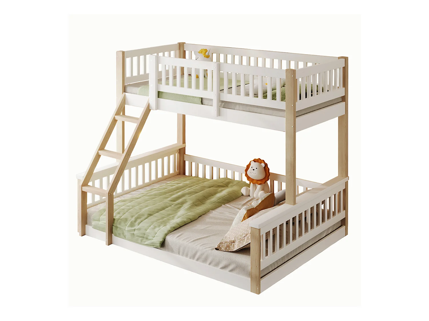 Lit superposé 90x200cm + 140x200cm - avec échelle - avec garde-corps - blanc + naturel (matelas non inclus)