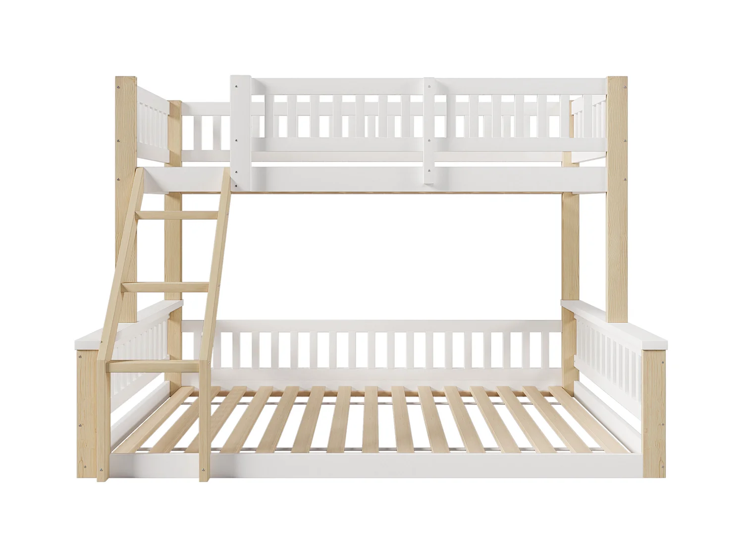 Lit superposé 90x200cm + 140x200cm - avec échelle - avec garde-corps - blanc + naturel (matelas non inclus)
