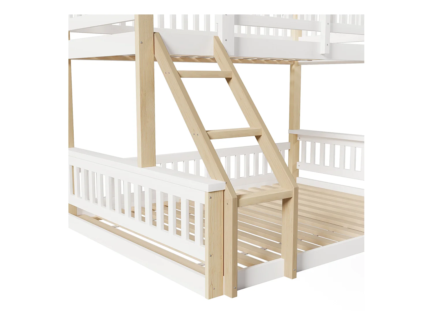 Lit superposé 90x200cm + 140x200cm - avec échelle - avec garde-corps - blanc + naturel (matelas non inclus)