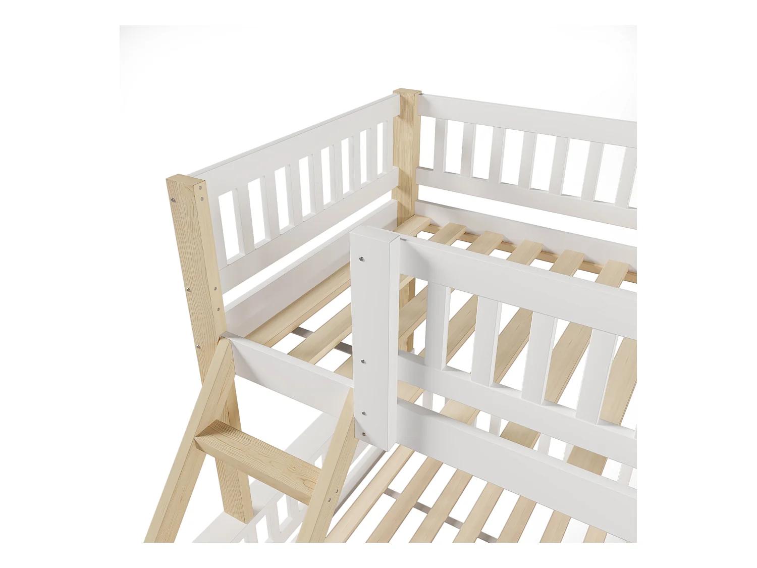 Lit superposé 90x200cm + 140x200cm - avec échelle - avec garde-corps - blanc + naturel (matelas non inclus)