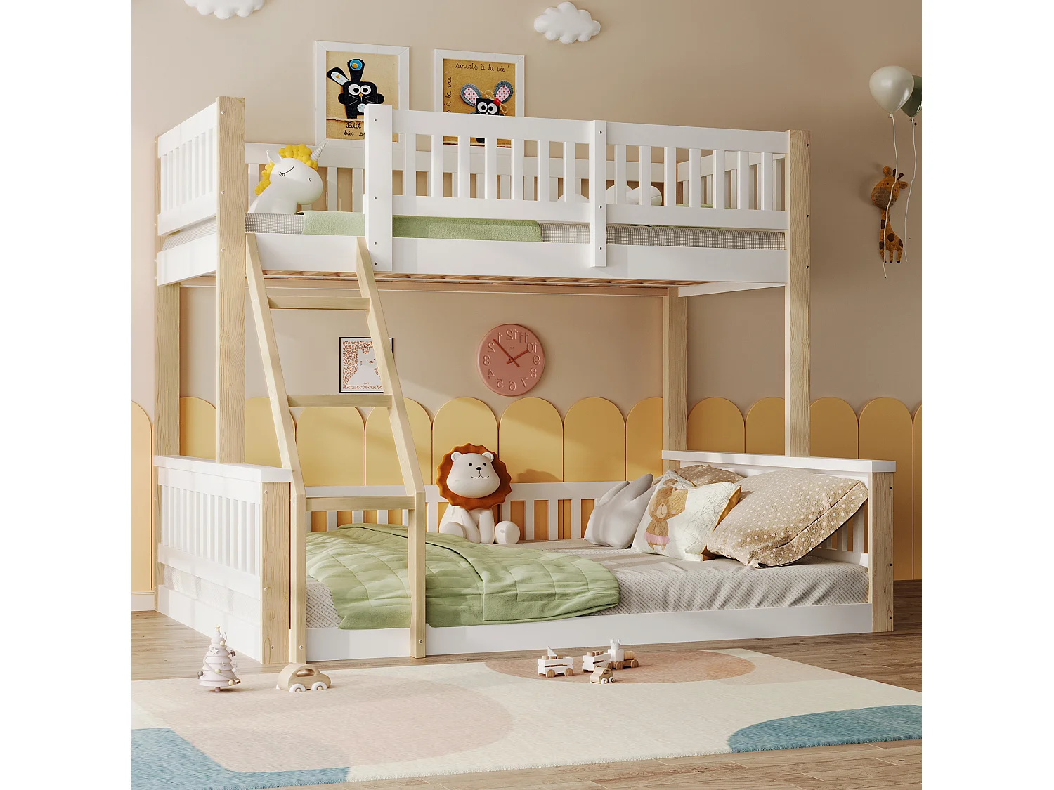 Etagenbett 90x200 cm + 140x200 cm - mit Leiter - mit Geländer - weiß + natur (Matratze nicht inbegriffen)