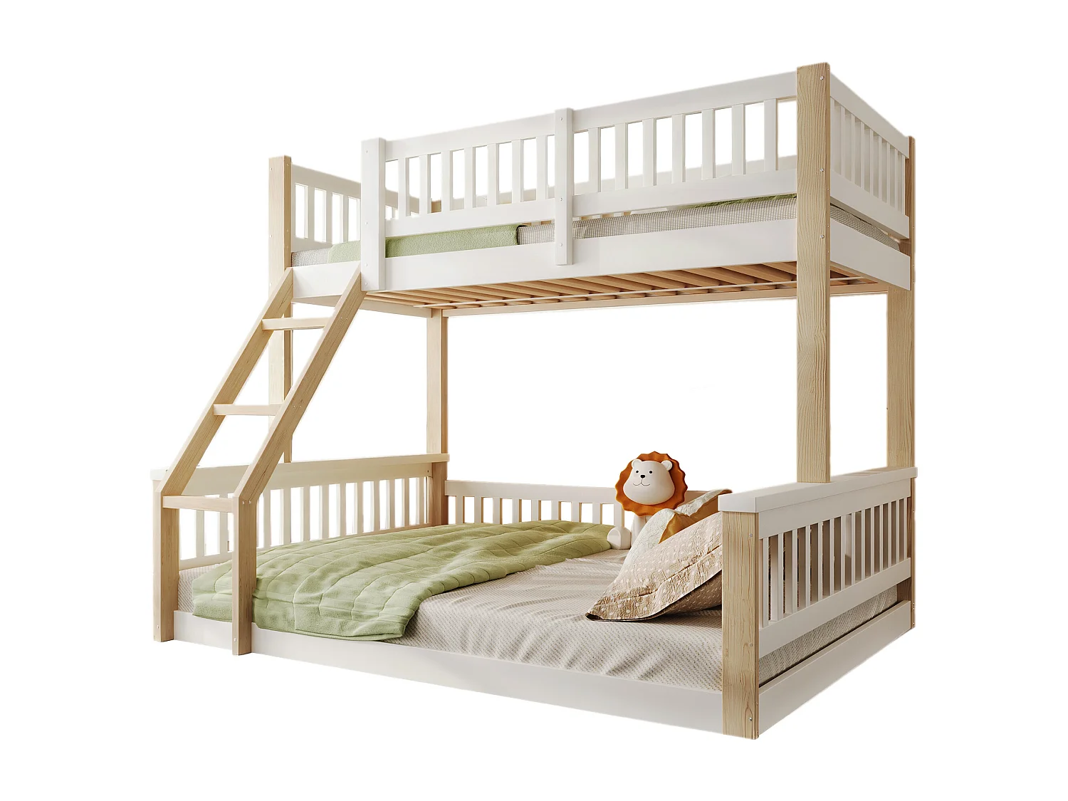 Etagenbett 90x200 cm + 140x200 cm - mit Leiter - mit Geländer - weiß + natur (Matratze nicht inbegriffen)