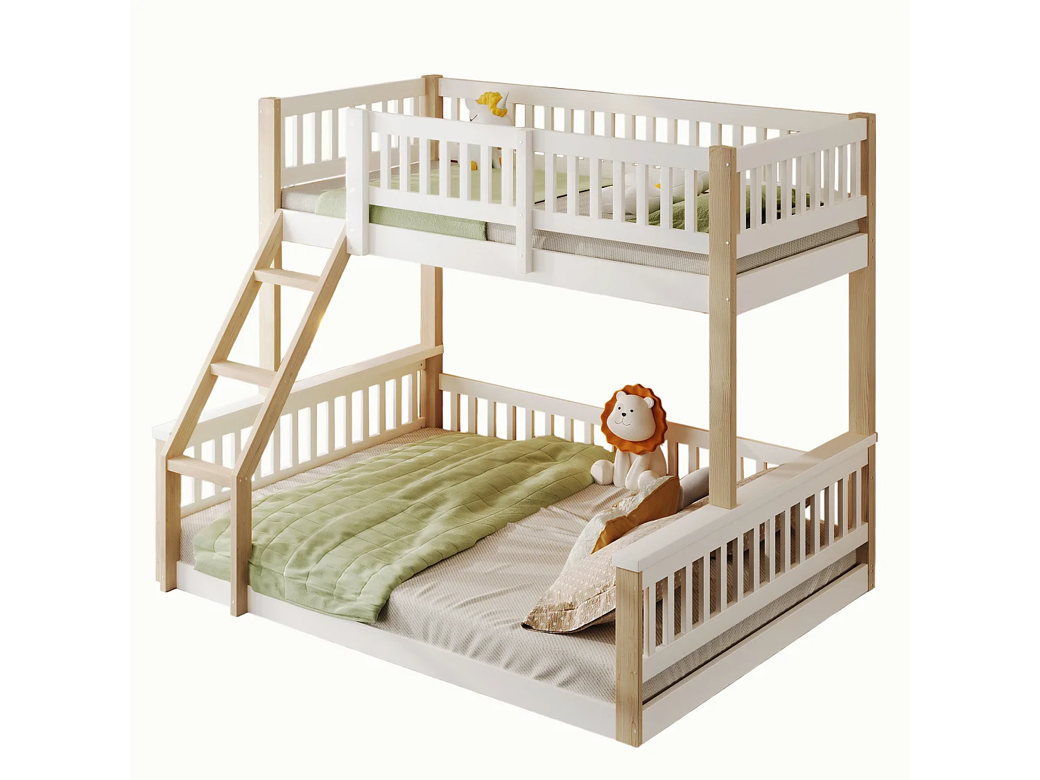 Etagenbett 90x200 cm + 140x200 cm - mit Leiter - mit Geländer - weiß + natur (Matratze nicht inbegriffen)