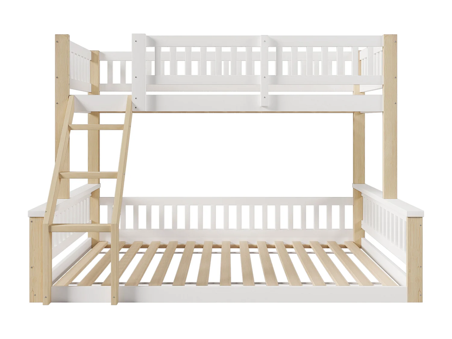 Etagenbett 90x200 cm + 140x200 cm - mit Leiter - mit Geländer - weiß + natur (Matratze nicht inbegriffen)