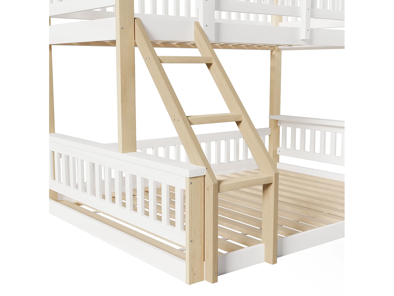 Etagenbett 90x200 cm + 140x200 cm - mit Leiter - mit Geländer - weiß + natur (Matratze nicht inbegriffen)