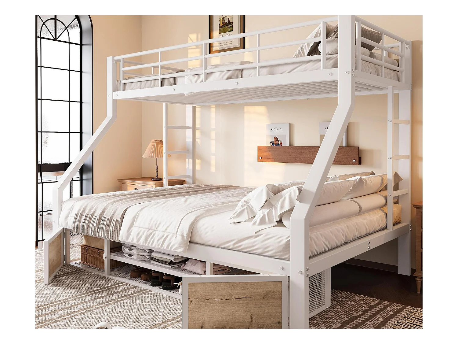 Lit superposé 90x200 cm + 140x200 cm - avec étagère à chaussures - compartiments de rangement - barrières de sécurité et échelle - blanc