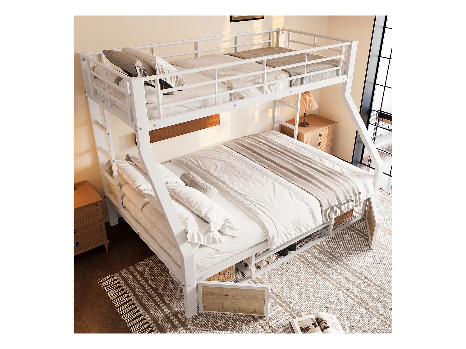 Lit superposé 90x200 cm + 140x200 cm - avec étagère à chaussures - compartiments de rangement - barrières de sécurité et échelle - blanc