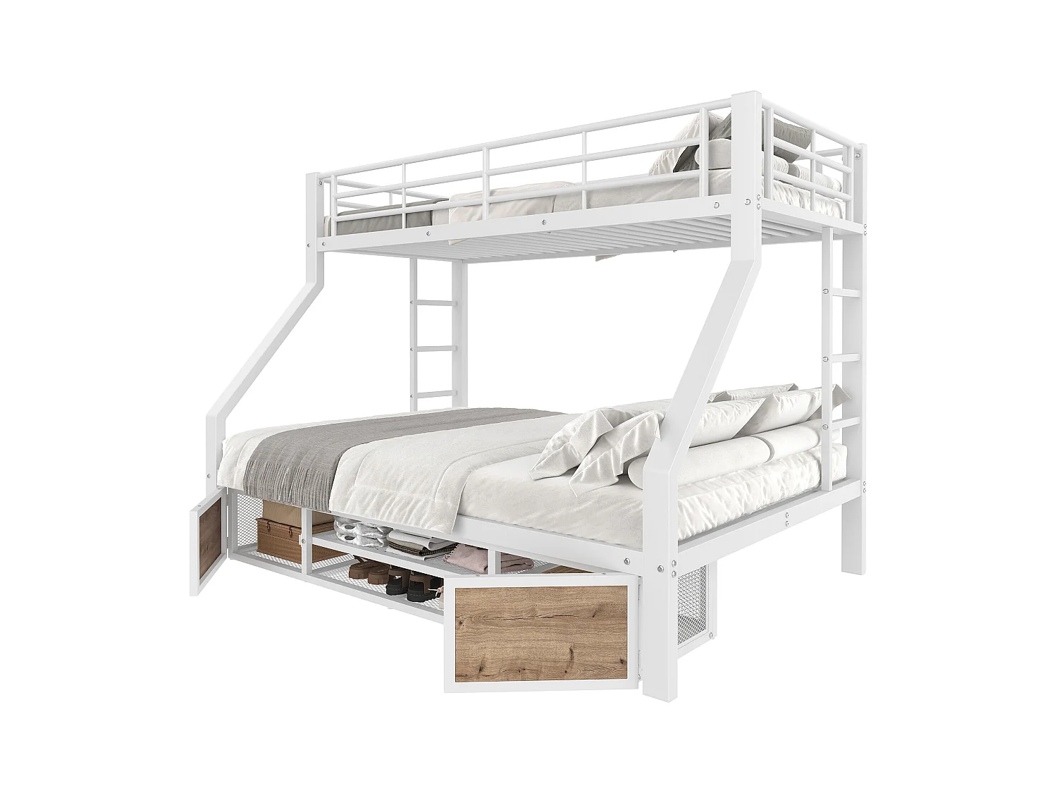 Lit superposé 90x200 cm + 140x200 cm - avec étagère à chaussures - compartiments de rangement - barrières de sécurité et échelle - blanc