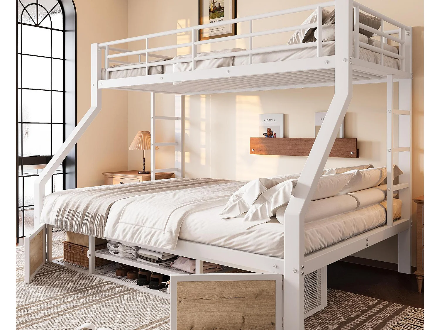 Lit superposé 90x200 cm + 140x200 cm - avec étagère à chaussures - compartiments de rangement - barrières de sécurité et échelle - blanc