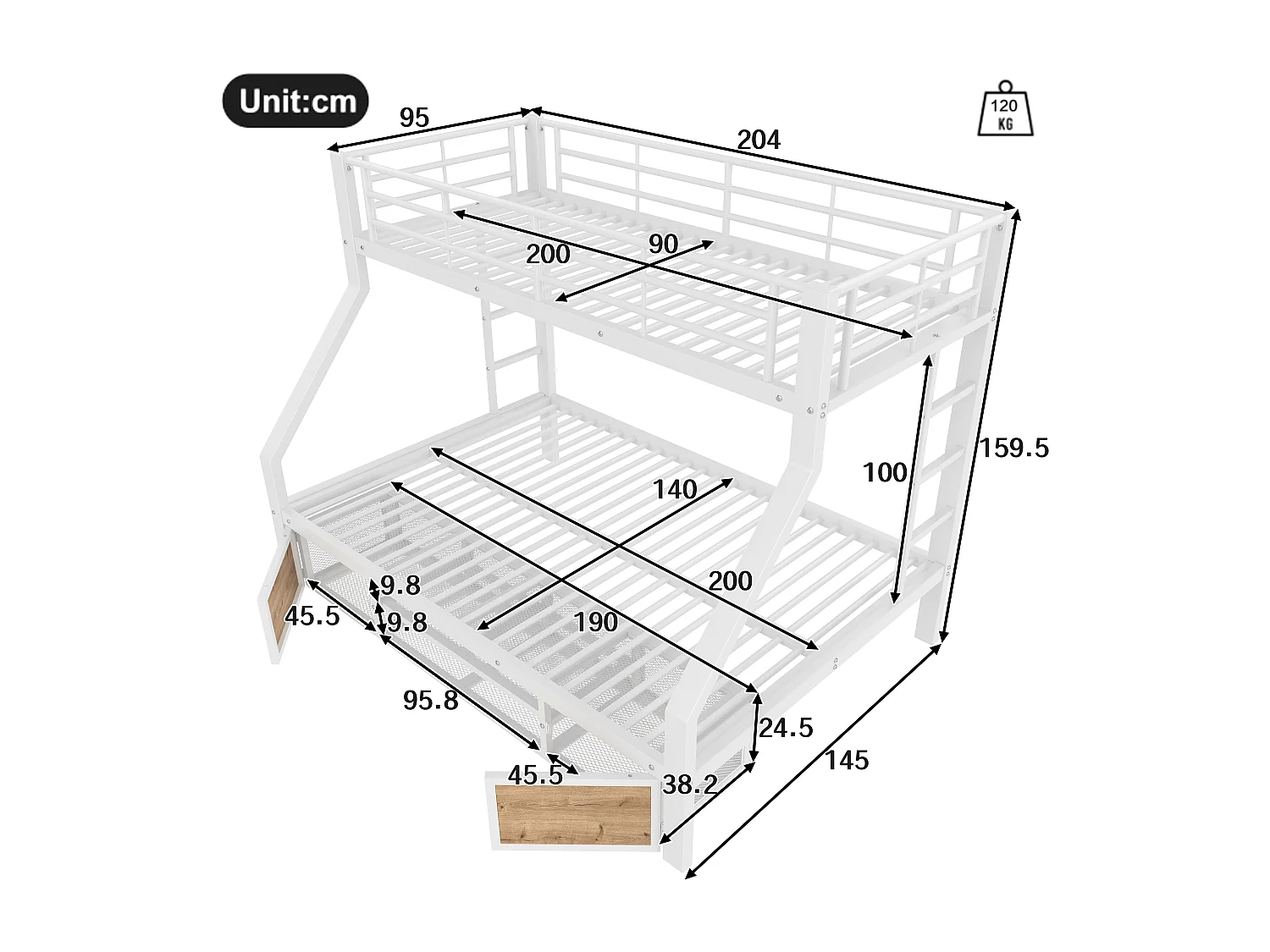 Lit superposé 90x200 cm + 140x200 cm - avec étagère à chaussures - compartiments de rangement - barrières de sécurité et échelle - blanc