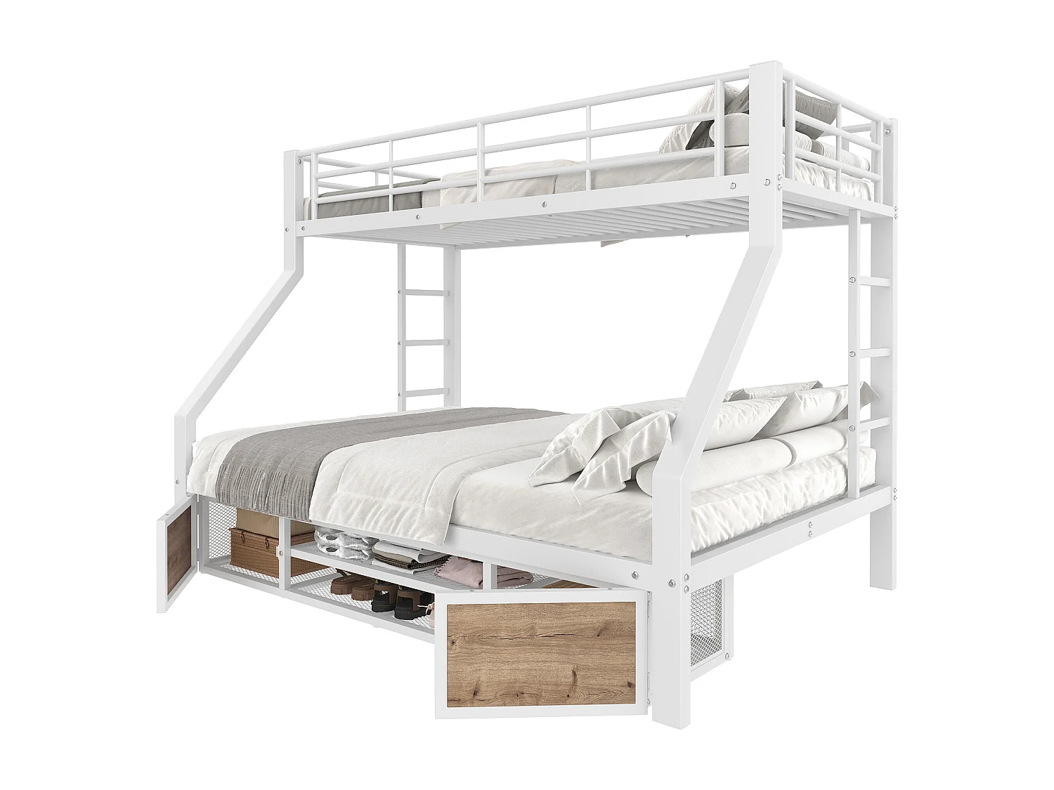 Lit superposé 90x200 cm + 140x200 cm - avec étagère à chaussures - compartiments de rangement - barrières de sécurité et échelle - blanc