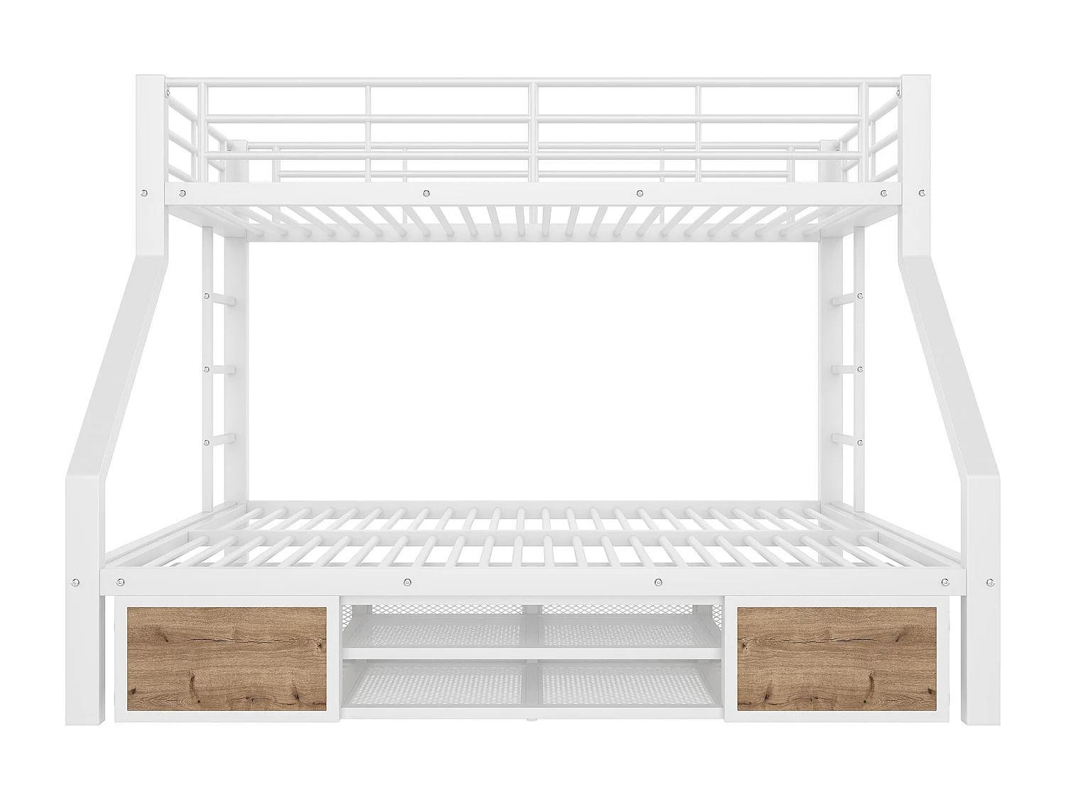 Lit superposé 90x200 cm + 140x200 cm - avec étagère à chaussures - compartiments de rangement - barrières de sécurité et échelle - blanc