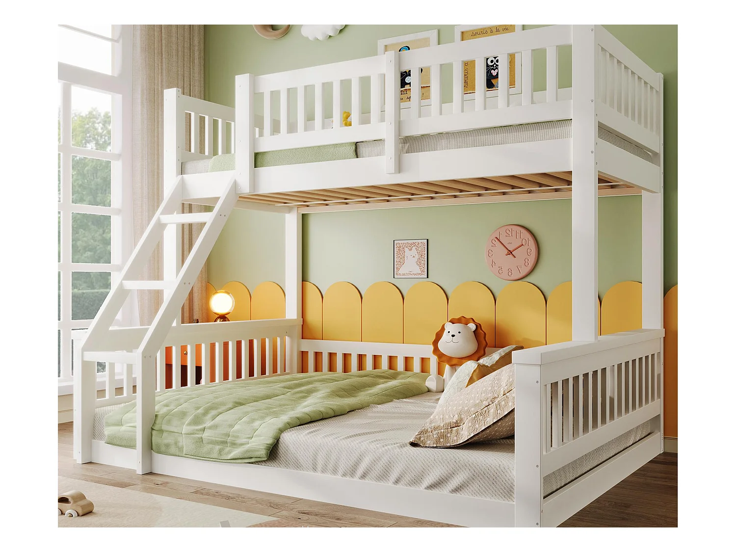 Lit superposé 90x200cm + 140x200cm - avec échelle - avec garde-corps - blanc (matelas non inclus)