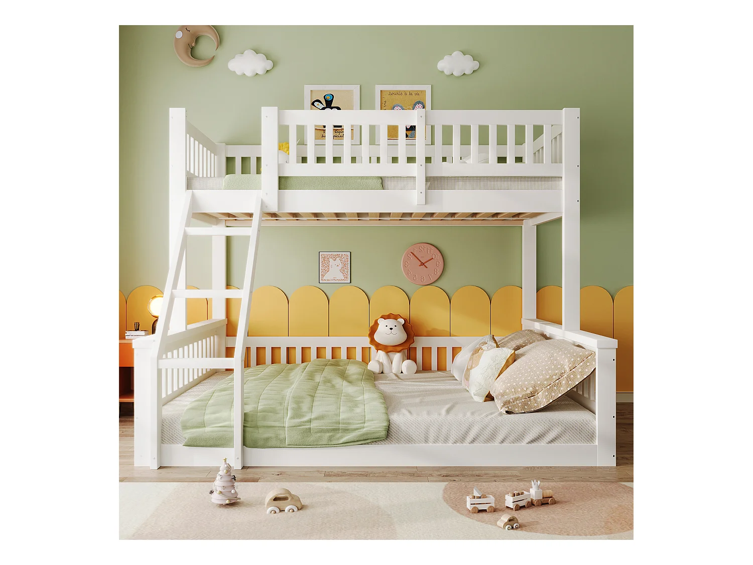 Lit superposé 90x200cm + 140x200cm - avec échelle - avec garde-corps - blanc (matelas non inclus)