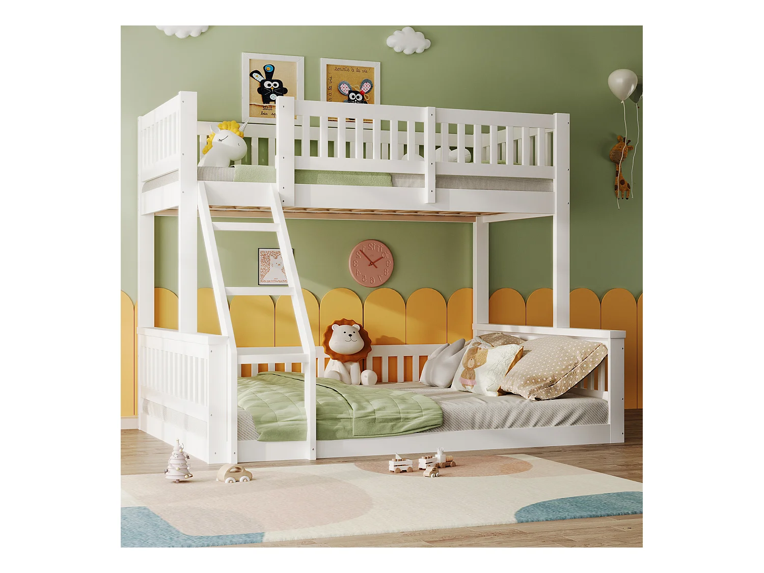 Lit superposé 90x200cm + 140x200cm - avec échelle - avec garde-corps - blanc (matelas non inclus)