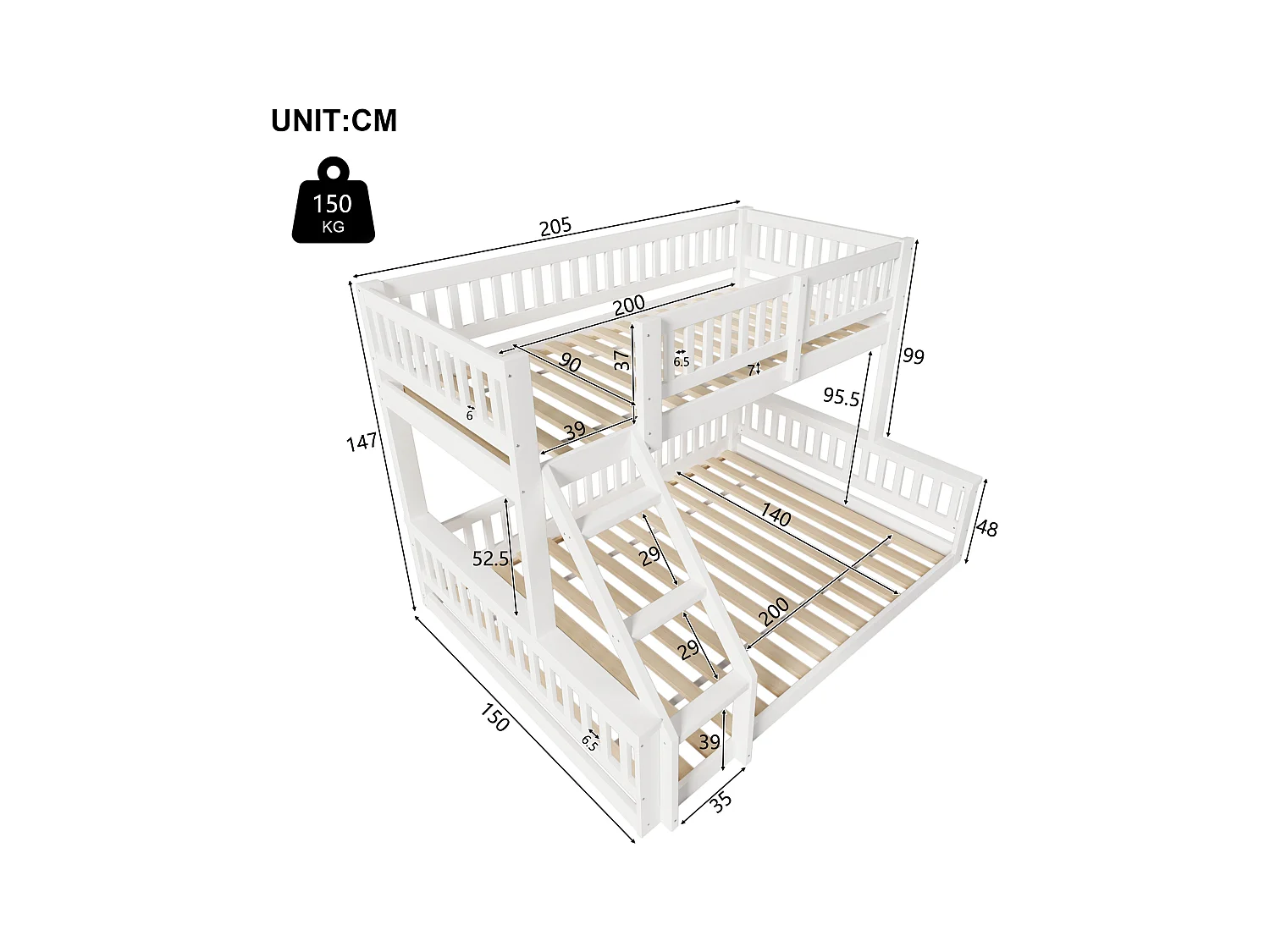 Lit superposé 90x200cm + 140x200cm - avec échelle - avec garde-corps - blanc (matelas non inclus)