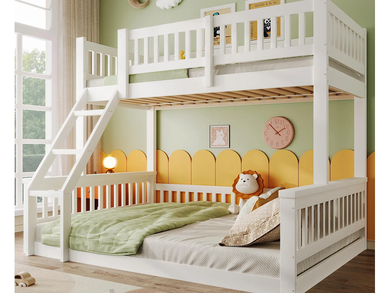 Lit superposé 90x200cm + 140x200cm - avec échelle - avec garde-corps - blanc (matelas non inclus)