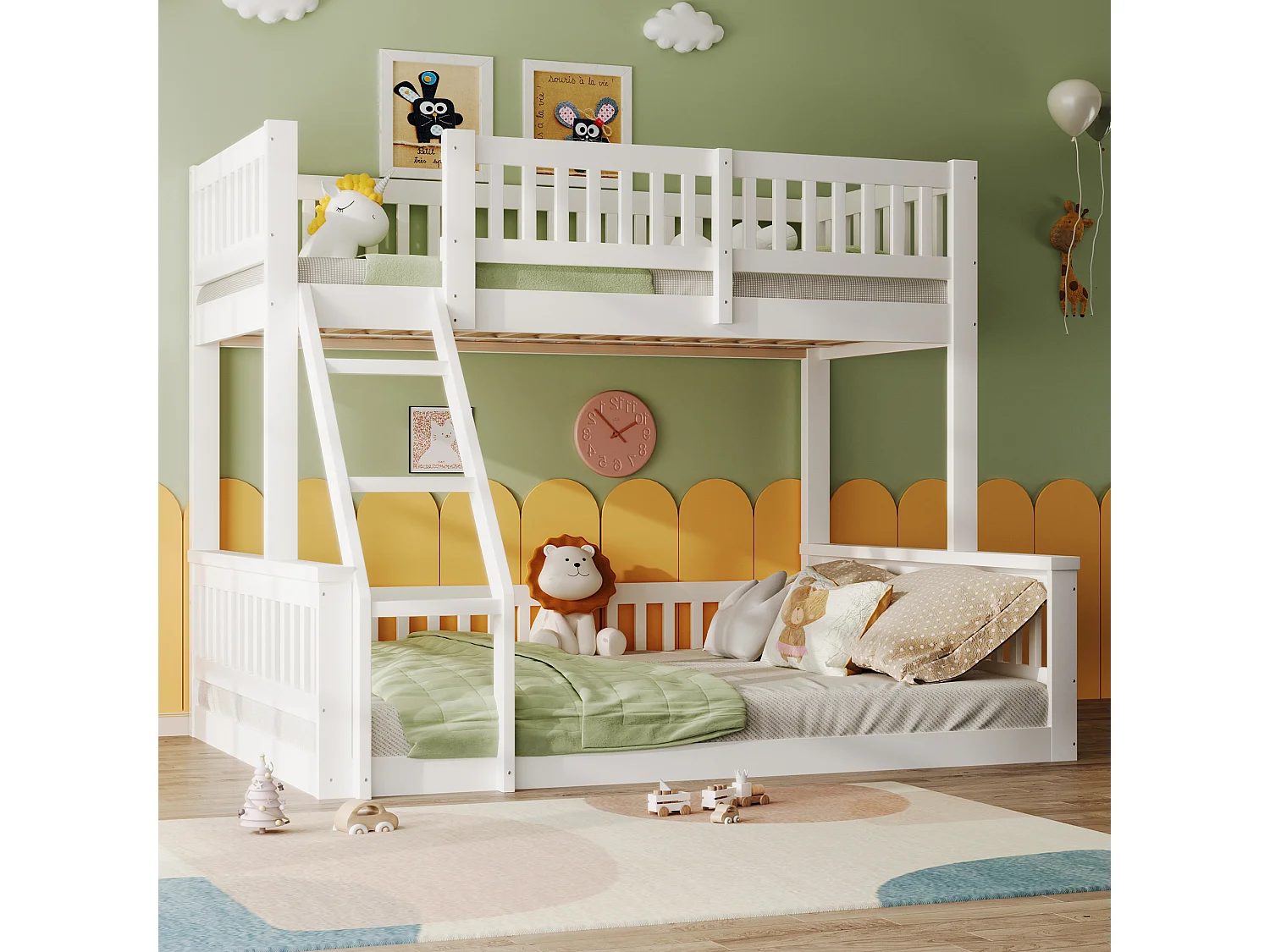 Lit superposé 90x200cm + 140x200cm - avec échelle - avec garde-corps - blanc (matelas non inclus)