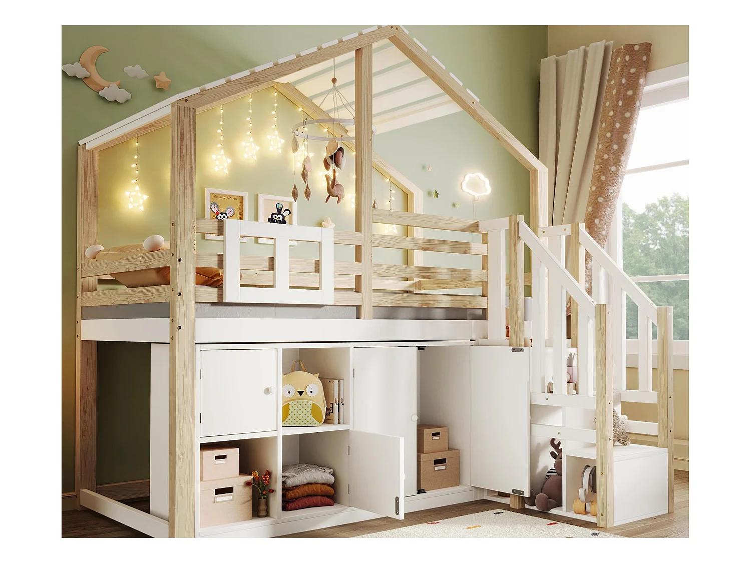 Lit mezzanine 90x200 cm - Forme maison - avec barrières de lit - avec rangement - avec échelle - Blanc + Naturel (matelas non inclus)