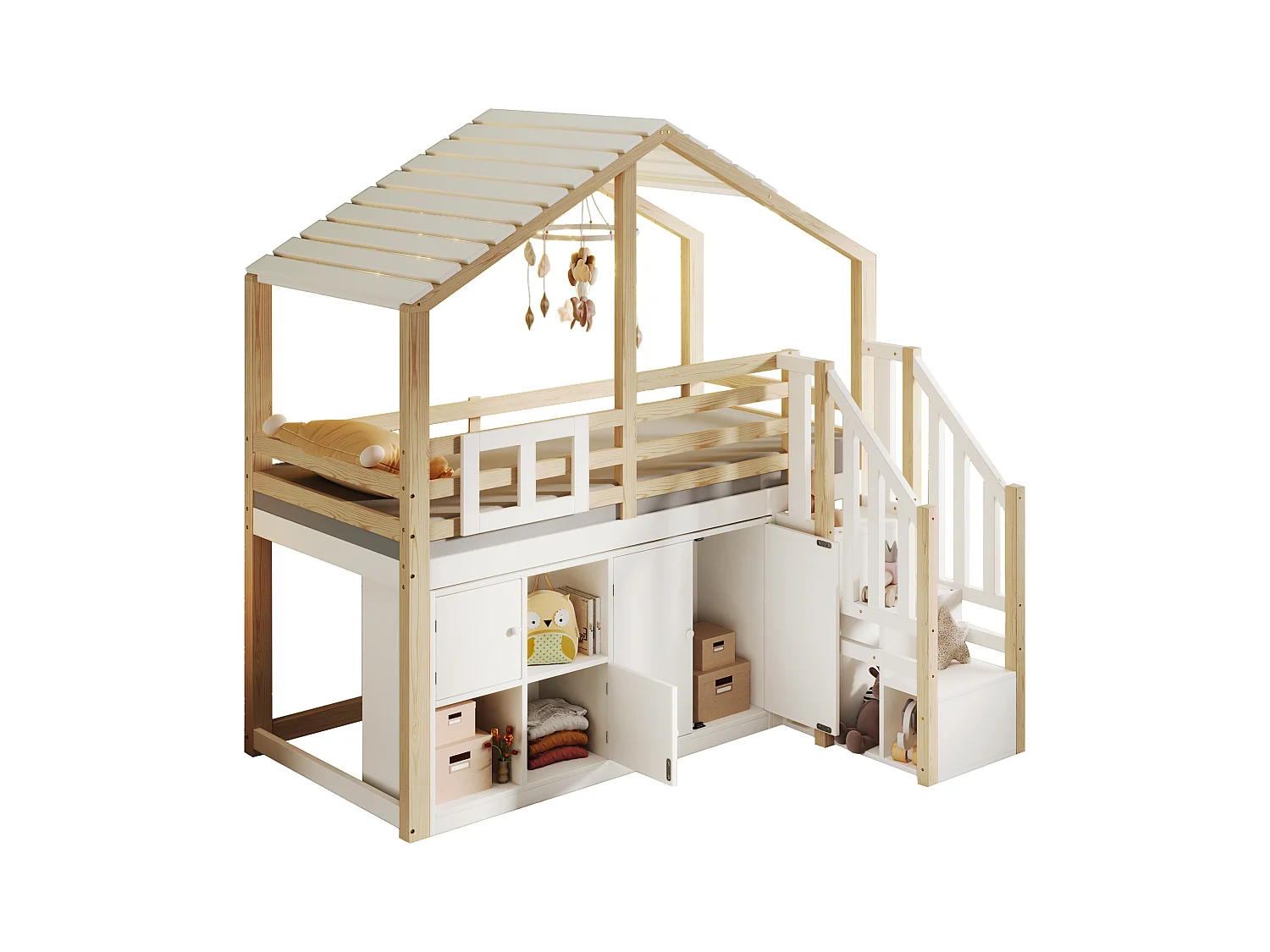 Lit mezzanine 90x200 cm - Forme maison - avec barrières de lit - avec rangement - avec échelle - Blanc + Naturel (matelas non inclus)