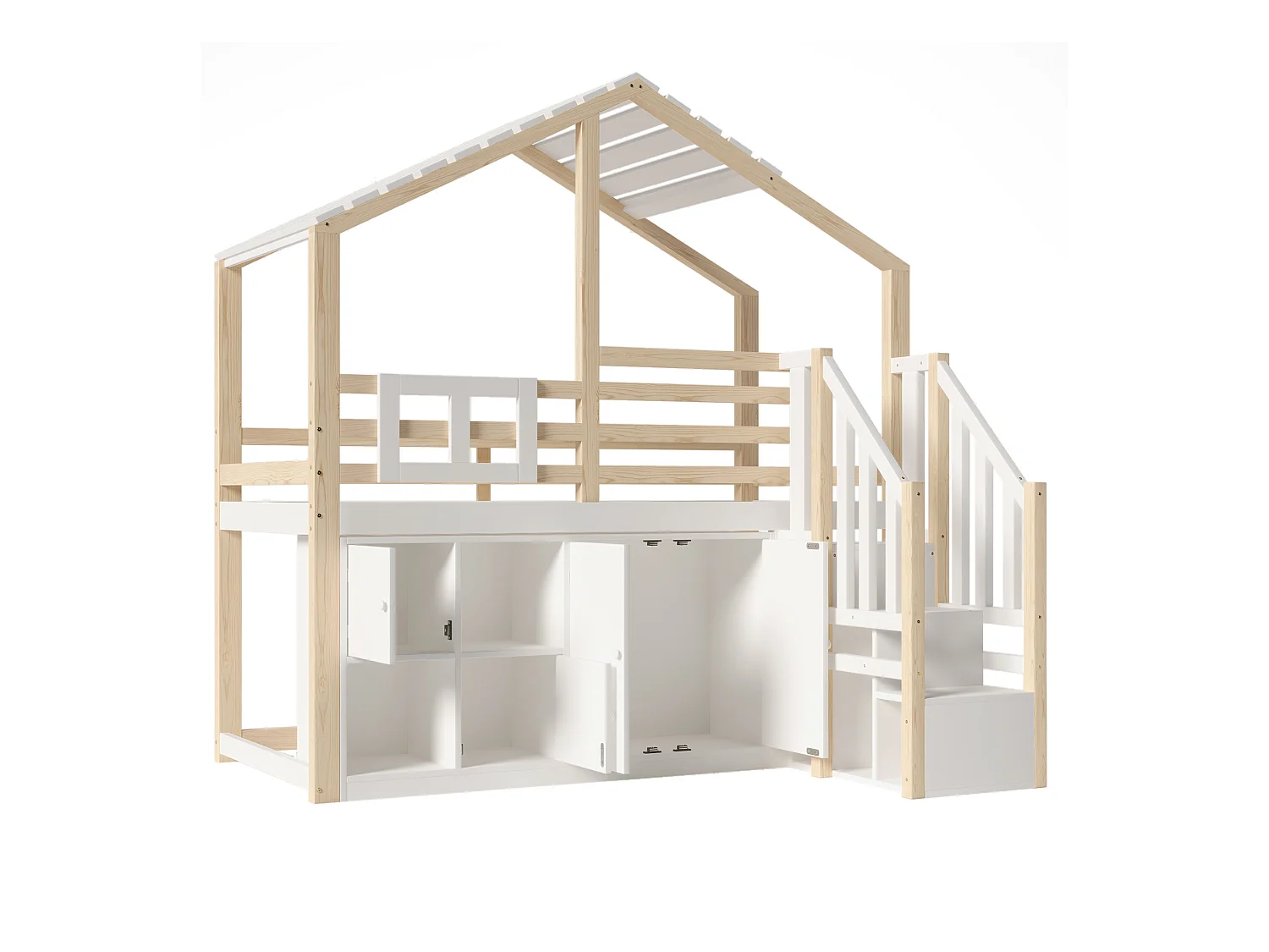Lit mezzanine 90x200 cm - Forme maison - avec barrières de lit - avec rangement - avec échelle - Blanc + Naturel (matelas non inclus)