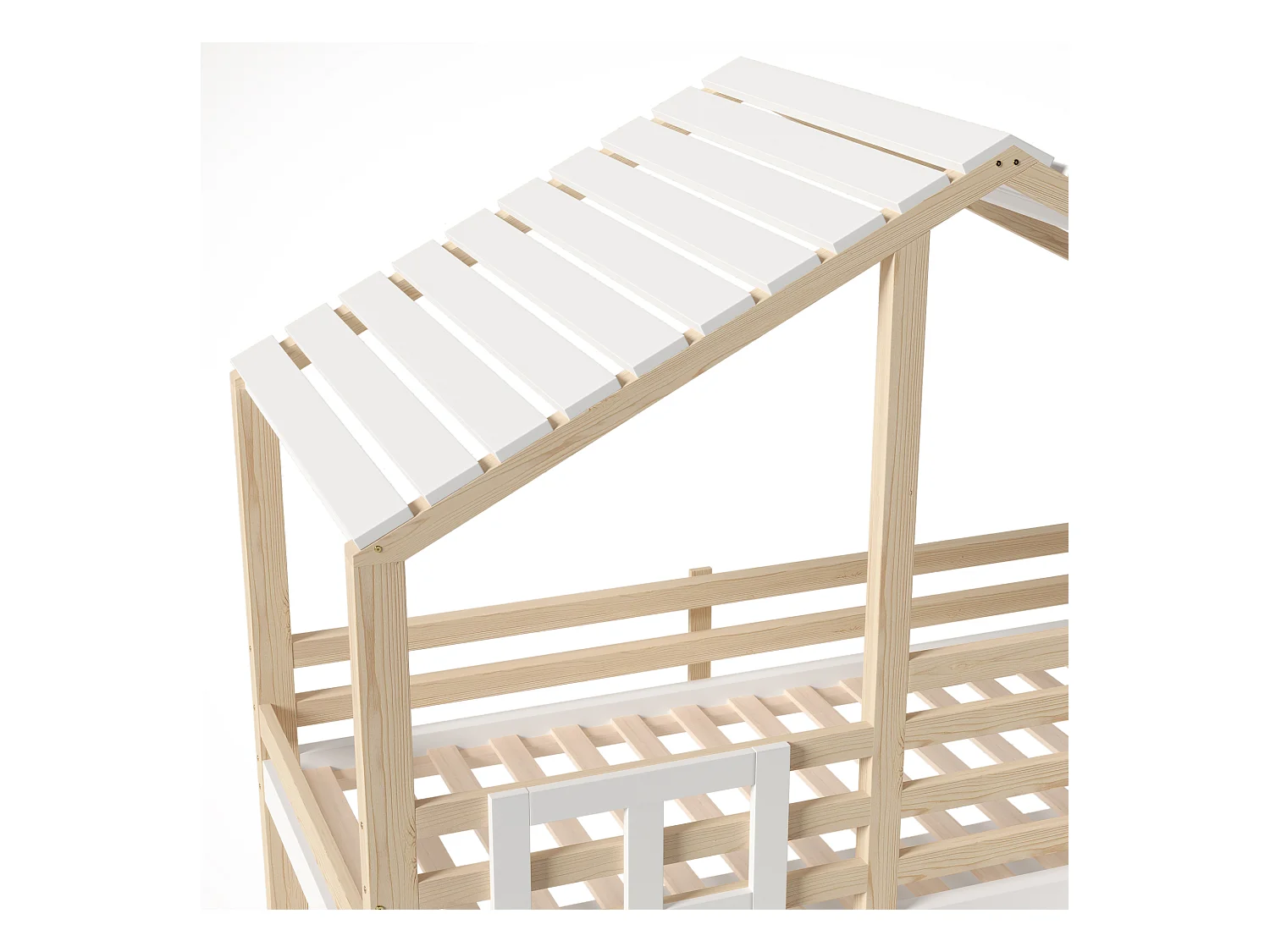 Lit mezzanine 90x200 cm - Forme maison - avec barrières de lit - avec rangement - avec échelle - Blanc + Naturel (matelas non inclus)