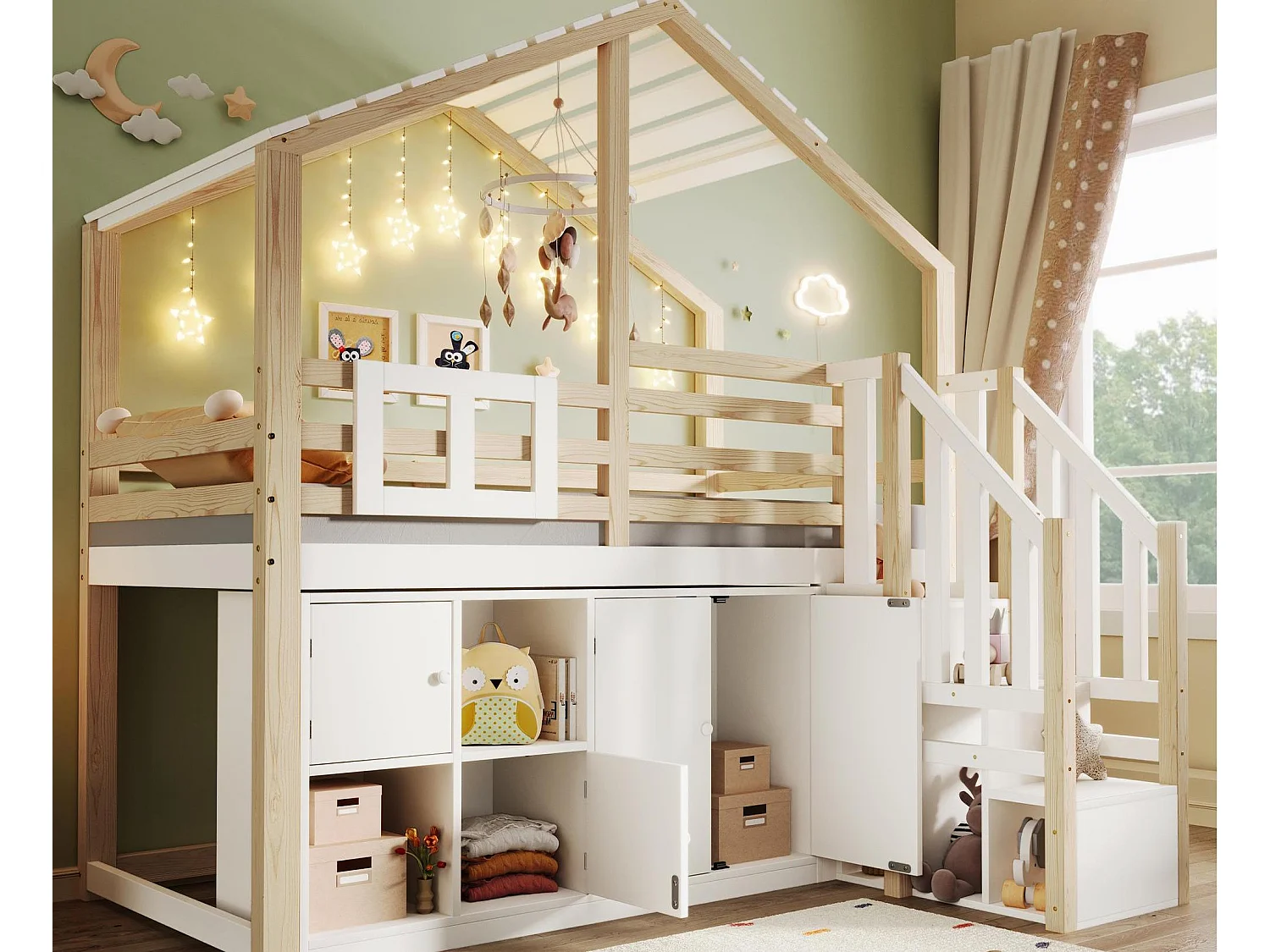 Lit mezzanine 90x200 cm - Forme maison - avec barrières de lit - avec rangement - avec échelle - Blanc + Naturel (matelas non inclus)