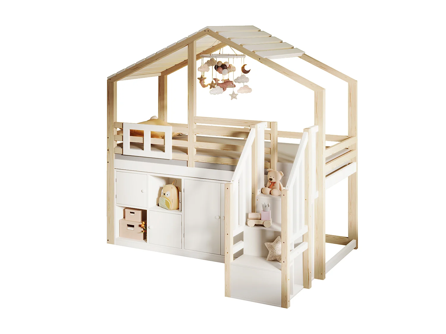 Lit mezzanine 90x200 cm - Forme maison - avec barrières de lit - avec rangement - avec échelle - Blanc + Naturel (matelas non inclus)