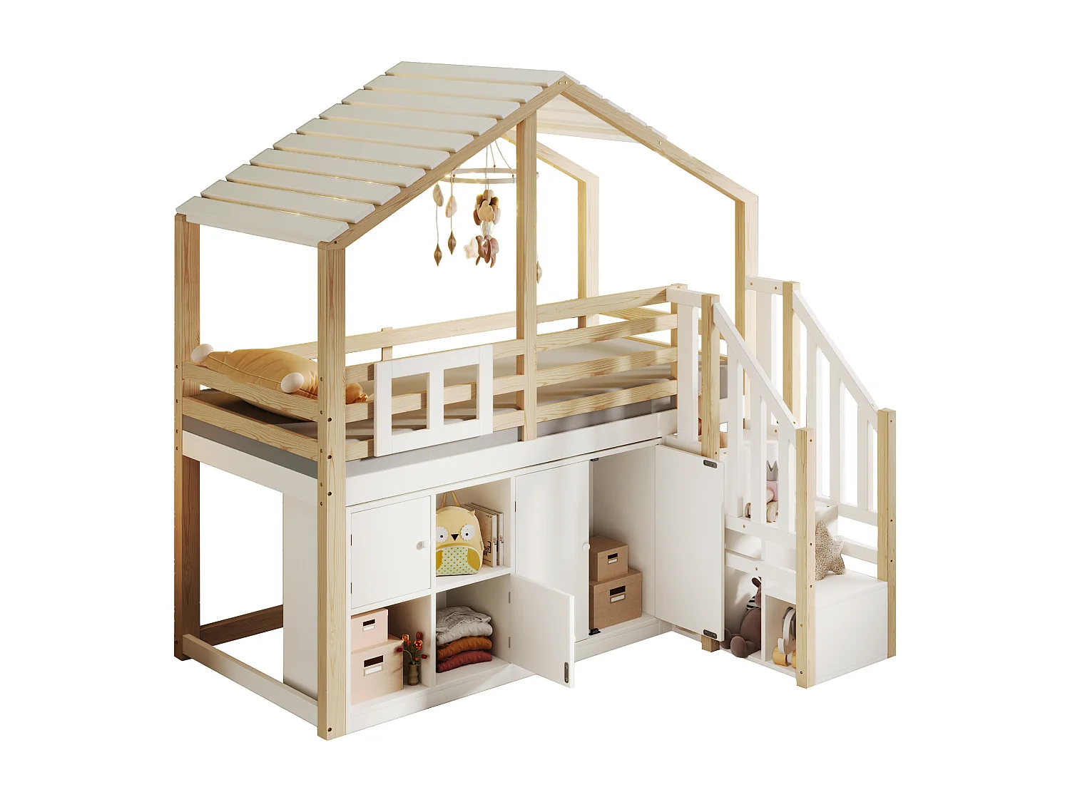 Lit mezzanine 90x200 cm - Forme maison - avec barrières de lit - avec rangement - avec échelle - Blanc + Naturel (matelas non inclus)