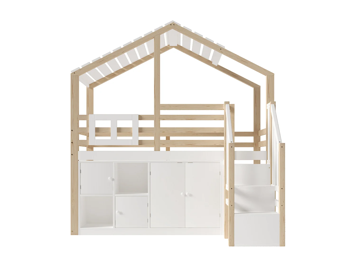 Lit mezzanine 90x200 cm - Forme maison - avec barrières de lit - avec rangement - avec échelle - Blanc + Naturel (matelas non inclus)