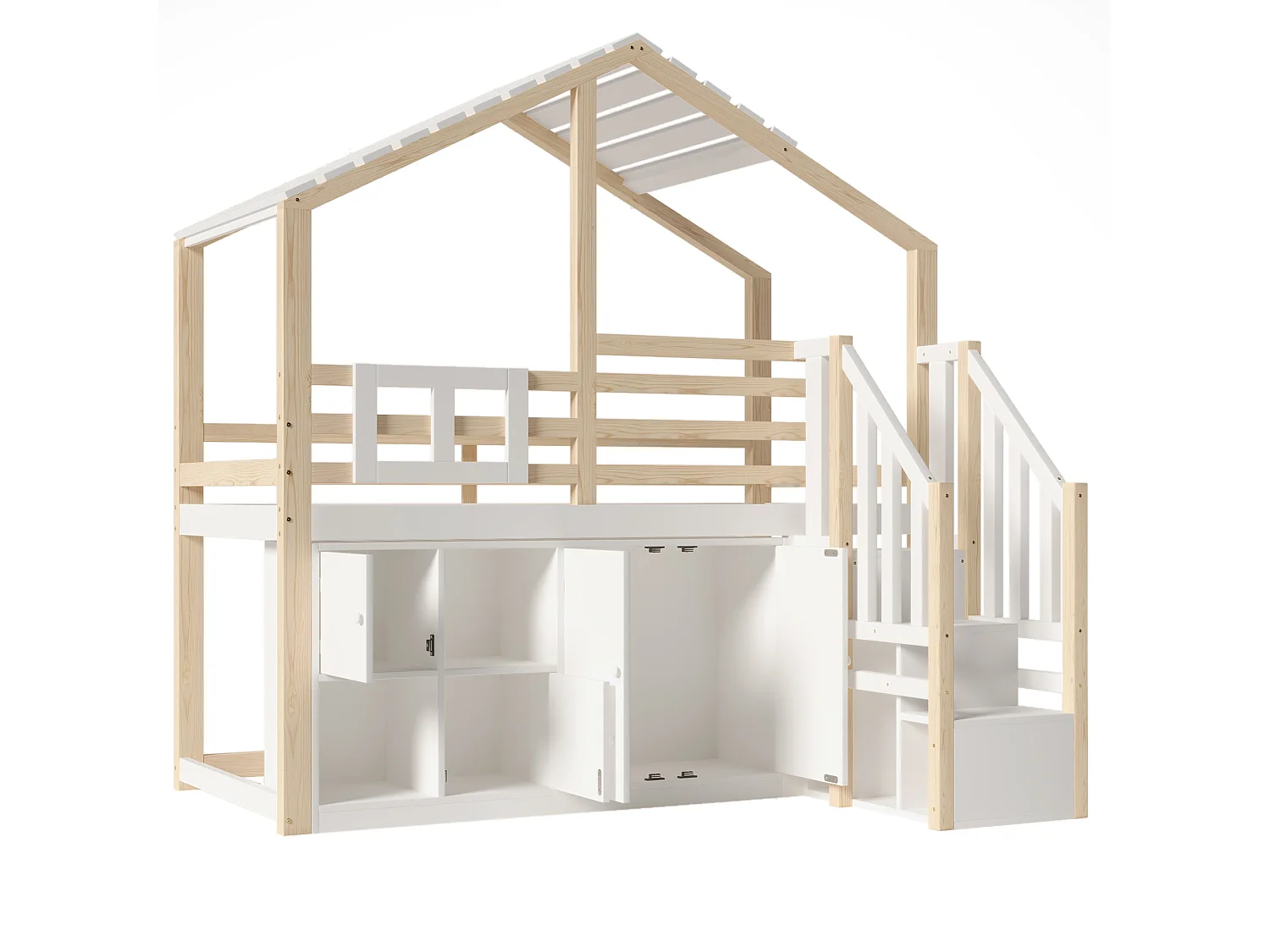 Lit mezzanine 90x200 cm - Forme maison - avec barrières de lit - avec rangement - avec échelle - Blanc + Naturel (matelas non inclus)