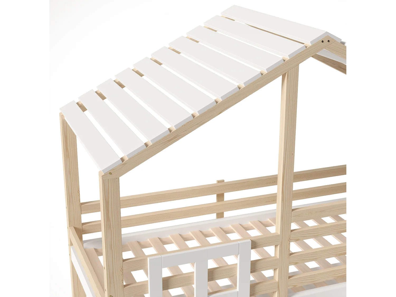 Lit mezzanine 90x200 cm - Forme maison - avec barrières de lit - avec rangement - avec échelle - Blanc + Naturel (matelas non inclus)