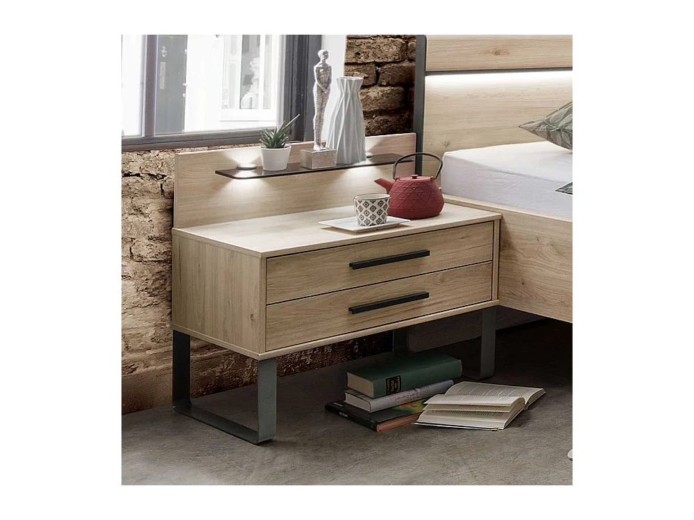 Nachttisch in Eiche Optik und Dunkelgrau LED Beleuchtung